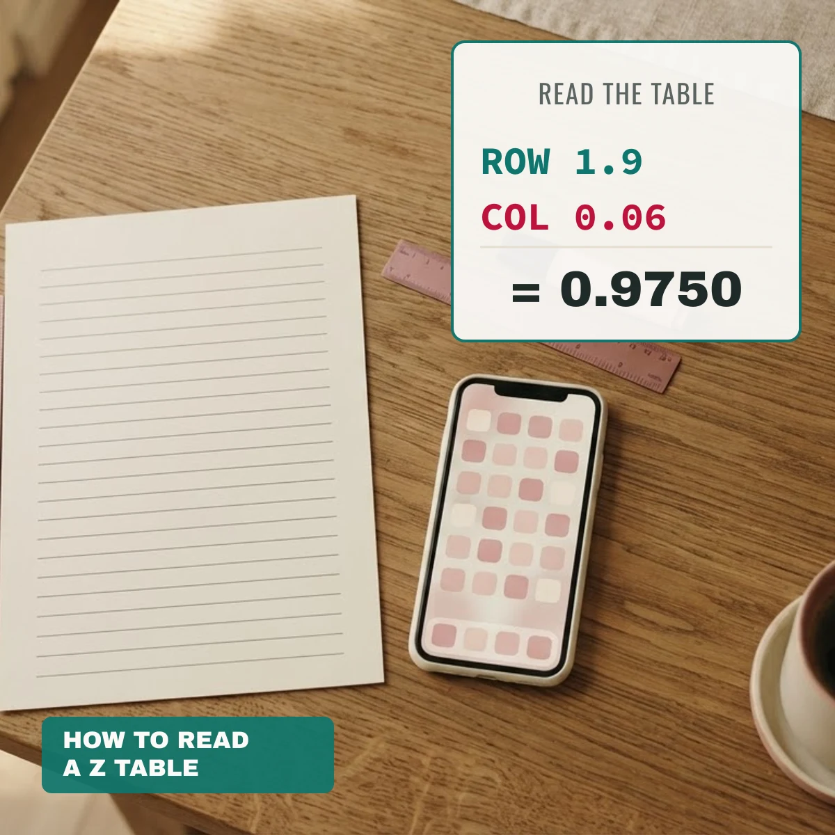 How to read a z table: row 1.9, column 0.06, result 0.9750