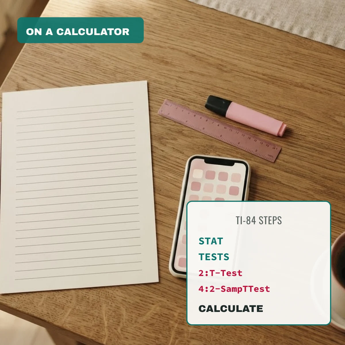 TI-84 steps for a t-test: STAT, TESTS, 2:T-Test or 4:2-SampTTest, then Calculate