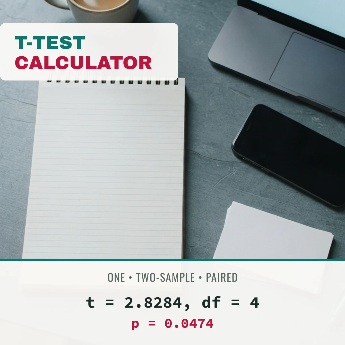 T-test calculator: one-sample, two-sample and paired tests, example t = 2.8284, df = 4, p = 0.0474